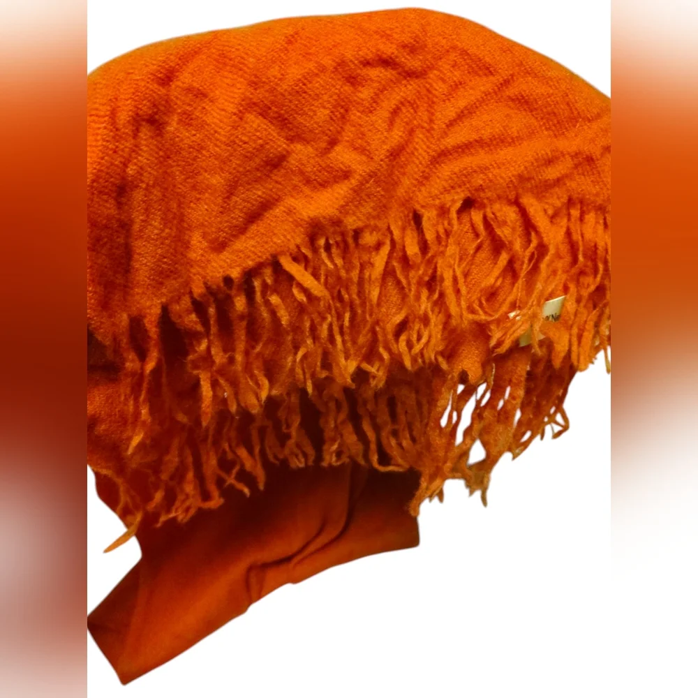 Vintage Joseph Horne Co. Women's Orange 100% Wool Wrap With Fringe Trim Scarf